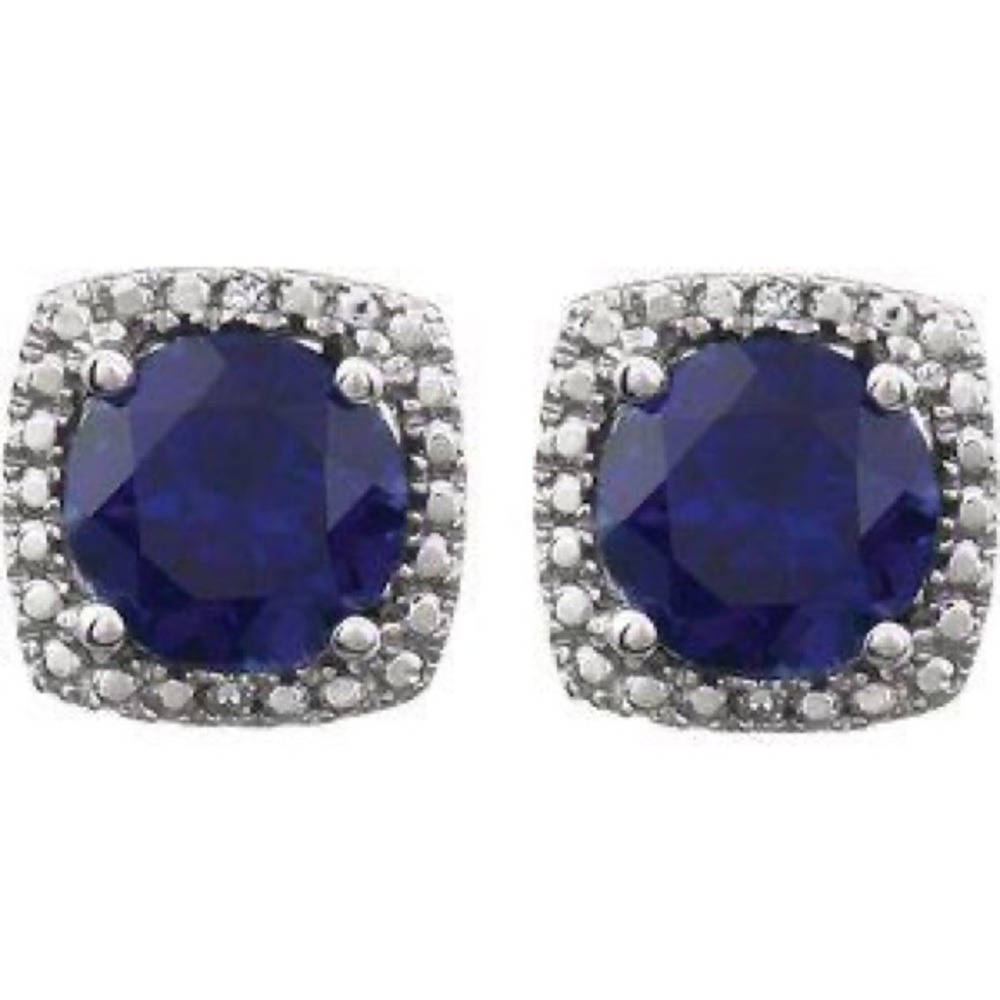 Created Blue Sapphire & .015 CTW Diamond Earrings